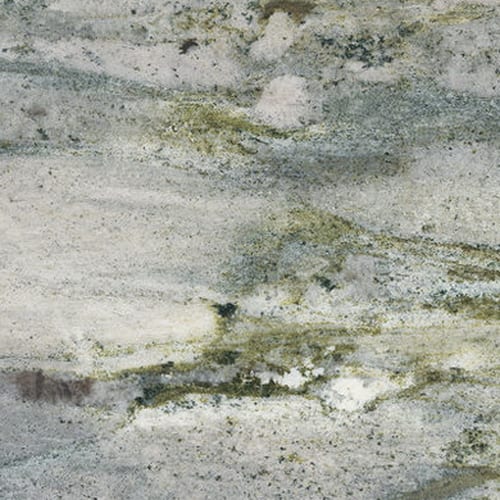 Verde Coto granite slab face, photographed for the factory catalog — light grey overall.